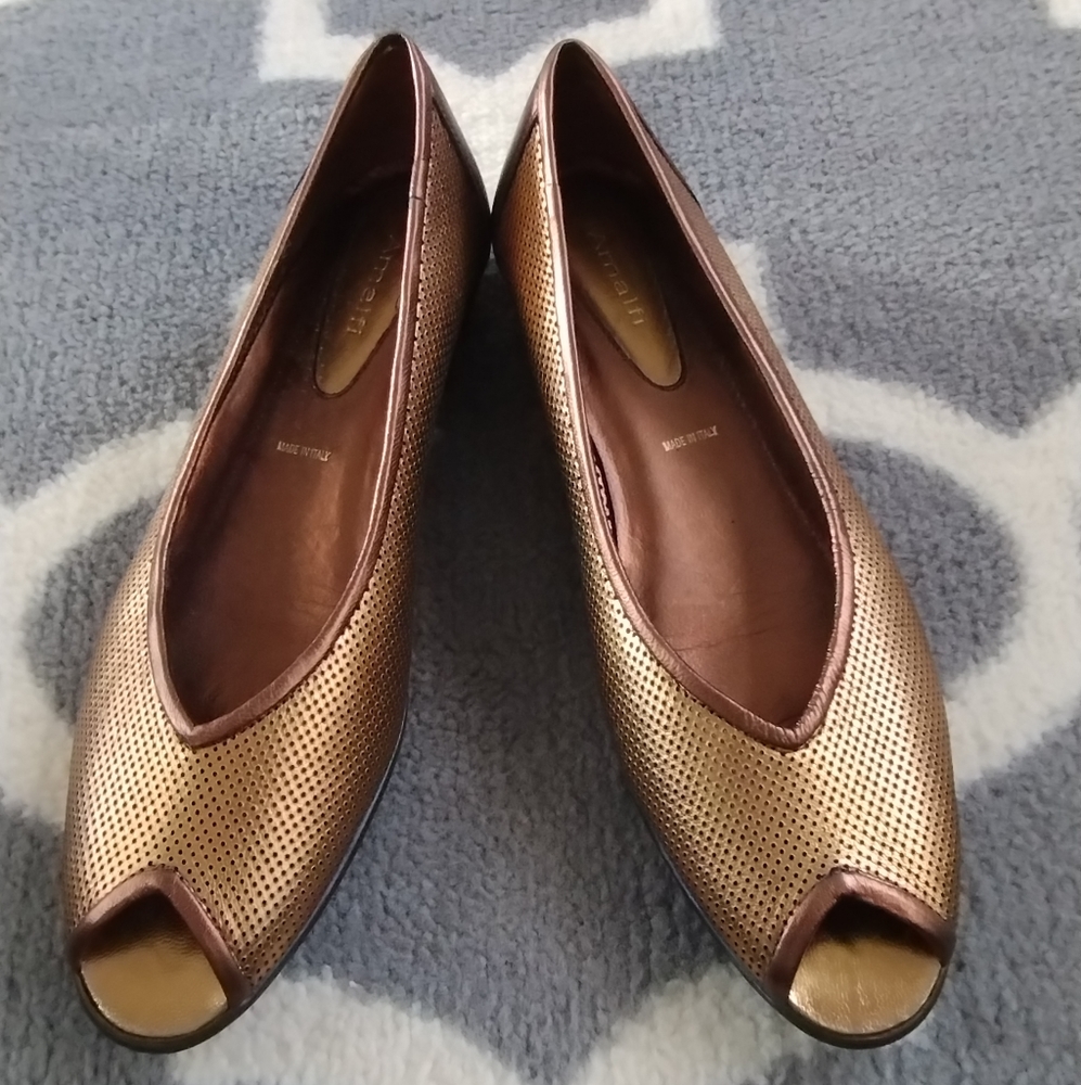 Italian Made Amalfi for Nordstroms Bronze & Gold Leather Peep Toe Flats